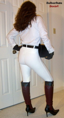 suburbanswirl:  Jodhpurs by Devon-Aire, Blouse by Newport News, leather gloves by Wilsons, and leather boots by Victoria’s Secret.