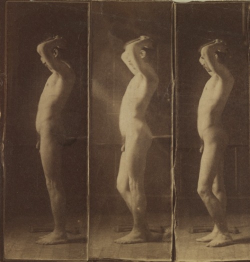 A trio of anatomical studies by Thomas Eakins, circa 1885, his model photographed standing square an