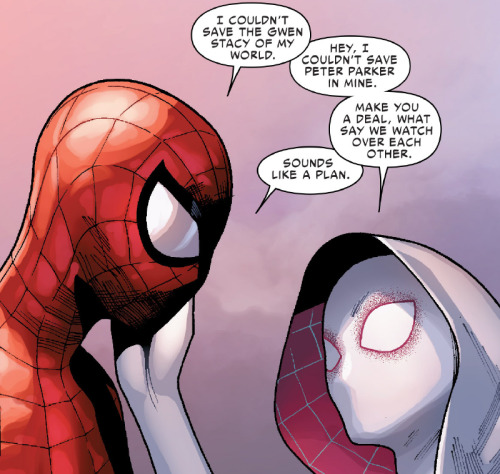 comics-r-4-gurlz:the moment we’ve all been waiting forAnd my otp didn’t have enough time :’( damn spider-verse thanks for this… But you sucks… what a horrible event.