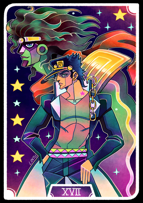 lintufriikki:  THE STAR - 17The first one of the Jojo tarot series I’m doing! I’ll be selling prints of this next weekend at Desucon and I’ll also add them to my online shop!