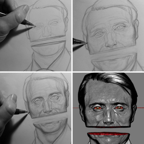 A couple of cropped close-up views of my HANNIBAL portrait, sketch to completion. Pencil, ink, digit