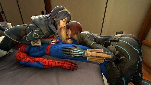 Black Widow and Lucina love blowing Spider-Man