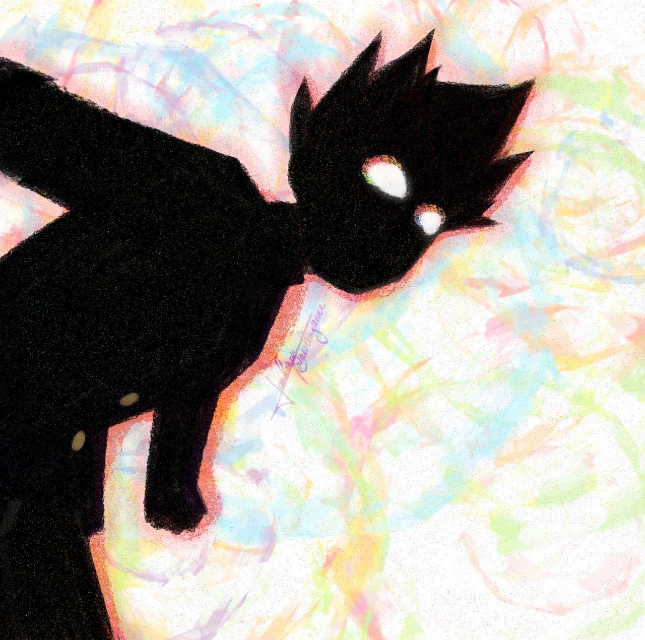 A redraw of Mob from Season 3 Episode 10. He is leaning towards the viewer. Although he appears as a black shape with white eyes on a white background, he is covered and surrounded by rainbow details, dots and textures.