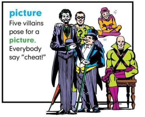 schemingminor: Penguin, Riddler, Joker, Lex and Mxyzptlk pose for an entry in Super Heroes: My First
