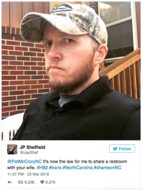 micdotcom:  This is James Parker Sheffield, a 36-year-old transgender man in Decatur, Georgia. On Thursday, he had some pretty pointed words for Gov. Pat McCrory after North Carolina passed an anti-trans law mandating every person in the state to use