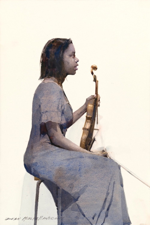 huariqueje:Melanie the Violinist   -  Dean MitchelAmerican b.1957-Watercolor , 10 x !5 in.