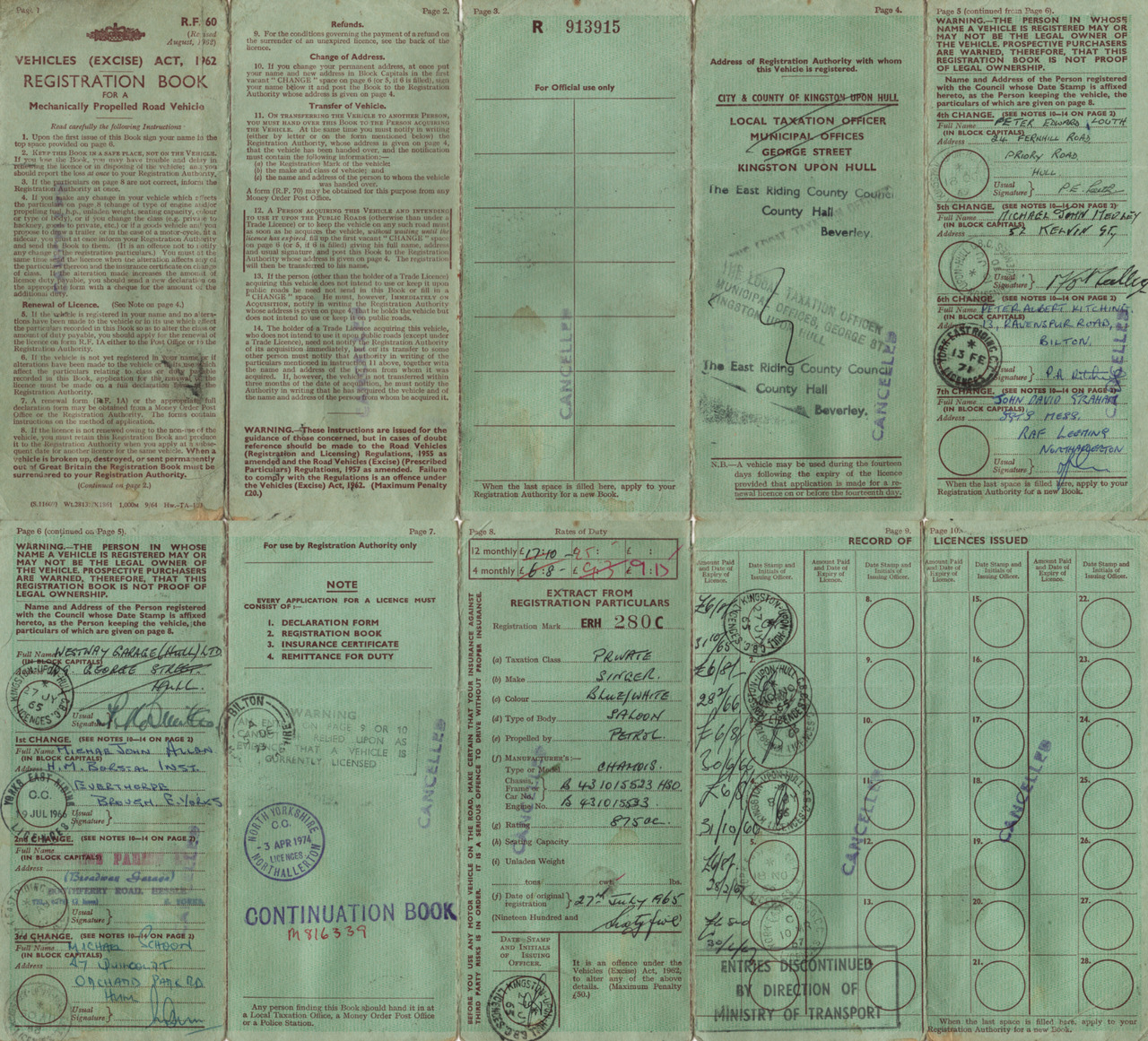 RF60 registration document for a Hillman Imp, ERH280C.