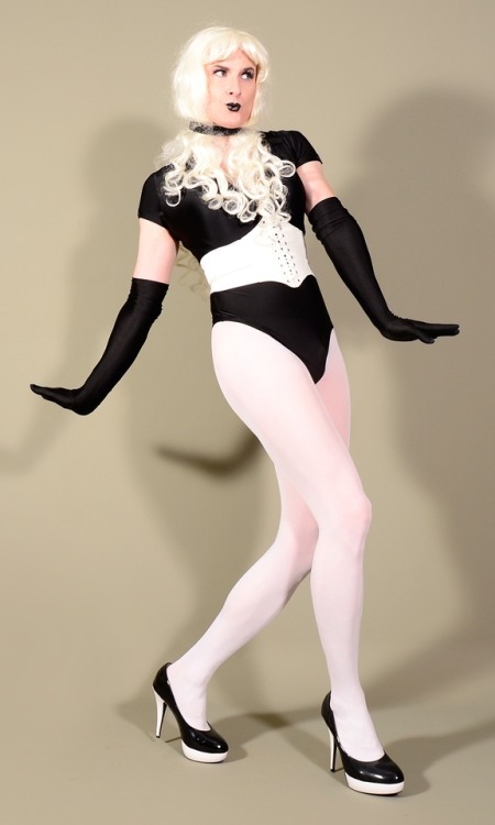 Black Wolford leotard with white nylons and Jumex heels