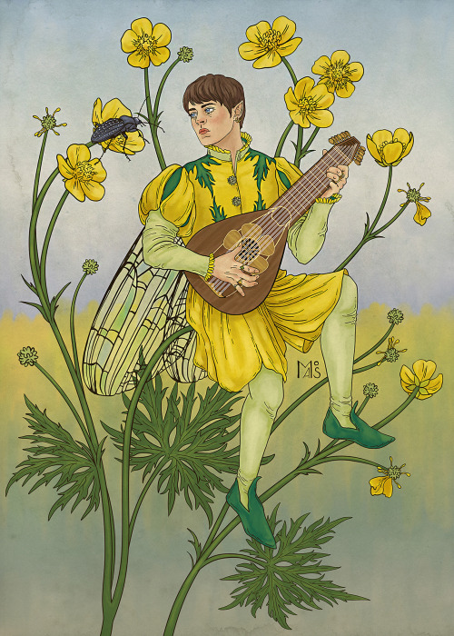 Fae Jaskier in the style of Cicely Mary Barker’s Flower Fairies (Geralt was rude and got turne