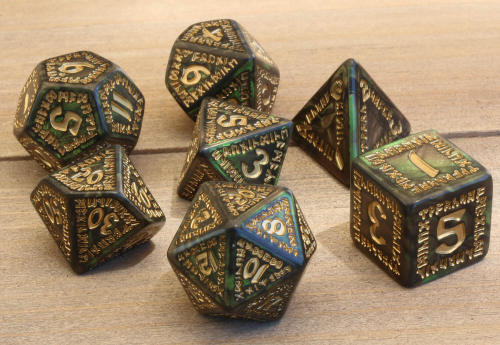 darkelfdice:  Runic dice are now more mysterious… the new bottle green and gold color is here