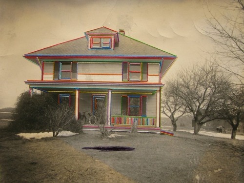 “House,” 2013, by Julie Cockburn, is a found photograph that the artist hand-embroidered