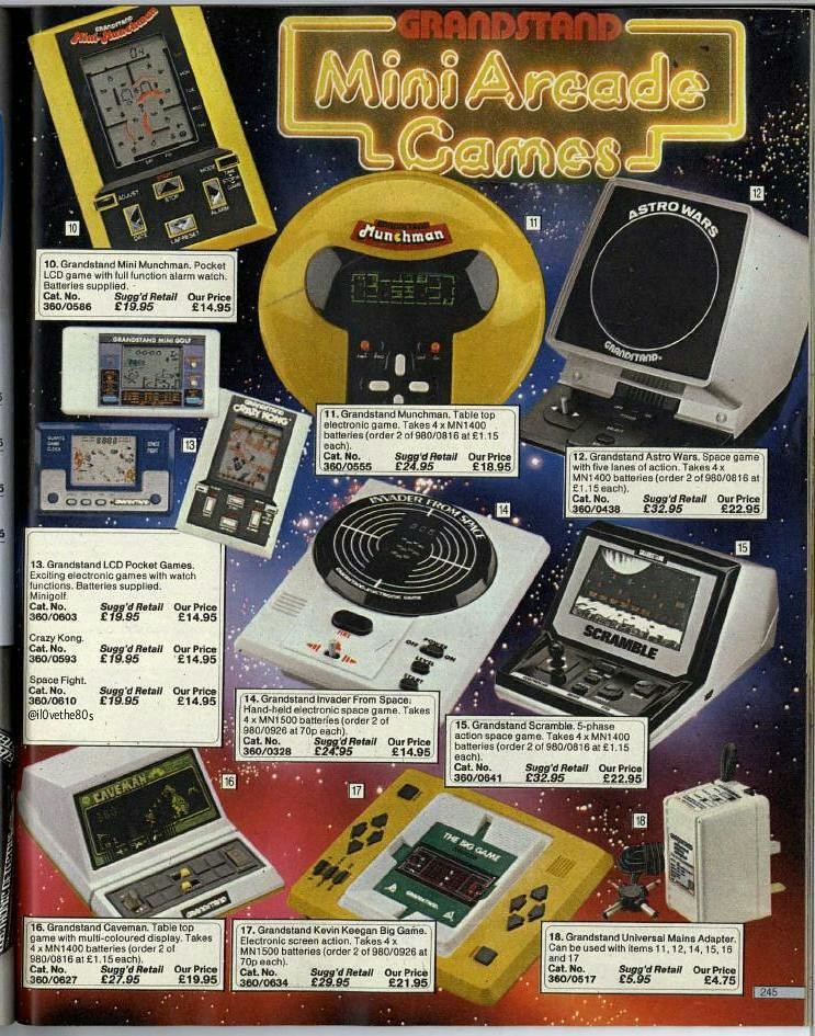 <p>Grandstand Mini Arcade Game (1981) page from Argos catalogue. Inc. Munchman, Mini Munchman, Astro Wars, Invader From Space, Scramble, Caveman, Kevin Keegan The Big Game.</p>
