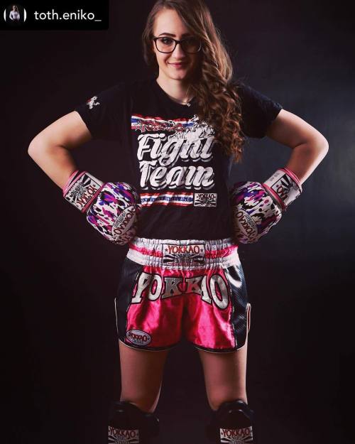 Hungarian fighter with her favorite gloves, shorts and shinpads made in Thailand.