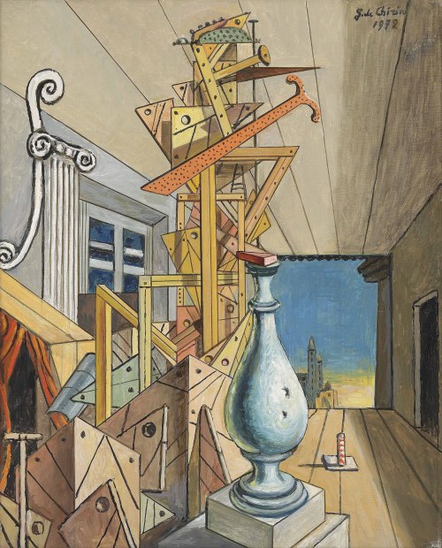 theegoist:Giorgio de Chirico (Italian, 1888-1978) - Interno metafisico a Manhattan, oil on canvas, 49.5 x 40 cm (1972)