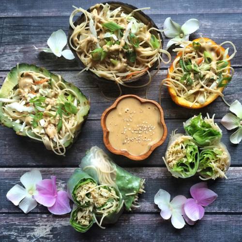 Sesame veggie noodles &amp; fresh rolls with peanut sauce