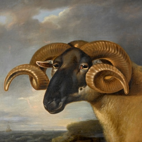 Thomas Weaver - Head of a black faced ram, facing left, a seascape beyond - c.1808 - via Sotheby’s