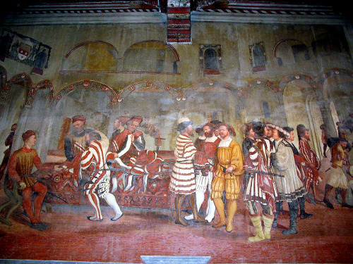 SEries of frescoes by showing Bartolomeo Colleoni giving audience and  hunts and tournaments given f