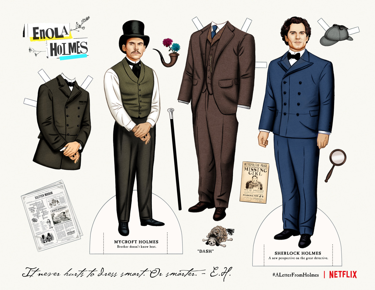 I had the honor of working on these fun paper dolls for @netflixfilm’s #EnolaHolmes starring Millie Bobby Brown. Disguises and dresses galore, print, cut and play along while you watch!