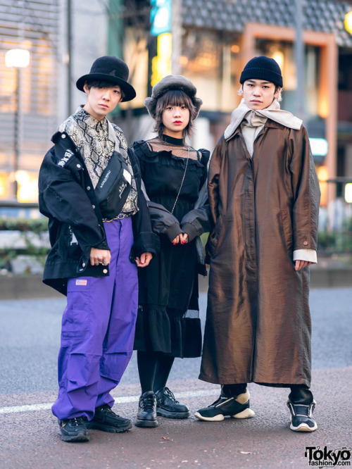 Japanese friends Ryosuke, Neo Tokyo, and Ryohei on the street in Harajuku wearing fashion by MISBHV,