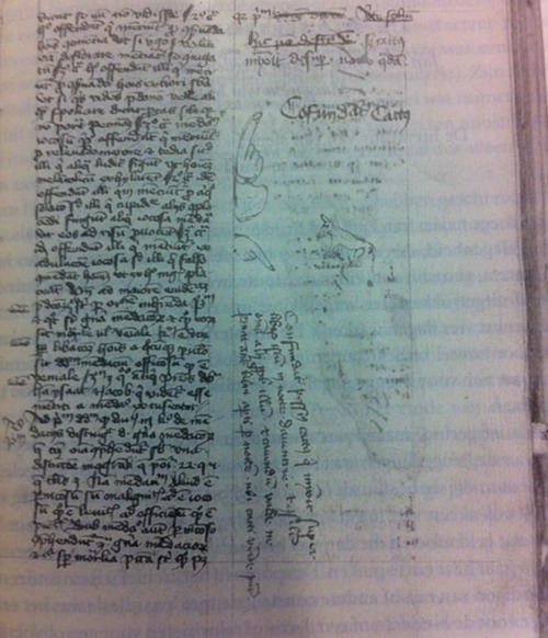 historyarchaeologyartefacts:  Manuscript page peed on by the cat with note from the monk, Europe 1420[663x772]Source: https://reddit.com/r/ArtefactPorn/comments/93fo5t/manuscript_page_peed_on_by_the_cat_with_note_from/