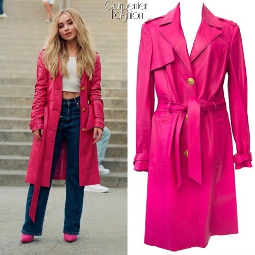 ‘Sue Me’ Music Video. Sabrina Carpenter wears a Vintage Versace ‘Leather Trench’ ($3,988) In the #Su