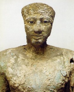 grandegyptianmuseum:        Lifesize Copper Statue of King   Pepi I MeryreLifesize copper statue of King Pepi I   (r.   2332-2287 BC), Old Kingdom, 6th Dynasty; detail of the head, found at Hierakonpolis “Nekhen”. Now at the Egyptian Museum, Cairo.