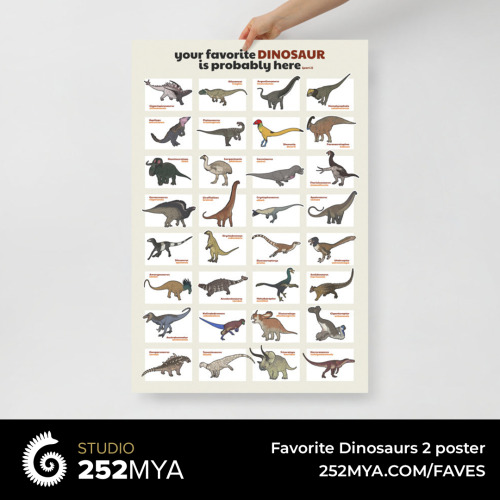 252mya:  Favorite Dinosaurs 2 posterYour favorite dinosaur is probably here! This poster features 32 dinosaurs, from the very popular and well-known ones to some that are more obscure but just as fascinating. 252mya.com/favesArt by Joschua Knüppe