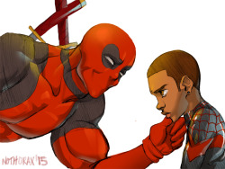 nothorax:  Miles’s spidey senses are tingling soo hard right now for Deadpool but he won’t admit it.Yes.  Yes, I went there.On that note, goodnight peeps.