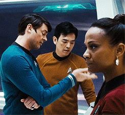 endquestionmark:  greenscrewdriver:  #jim and bones exchanging looks omg #jim’s all why am i listening to this child #and bones is like ‘you’re the one who wanted to be captain’ (tags via wereworf)  #this gif set is like 20 minutes of bickering