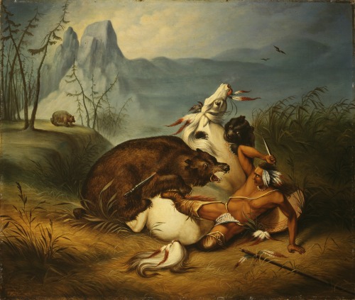 lionofchaeronea:Indian Bear Fight, unknown American artist (possibly John Archibald Woodside), ca. 1