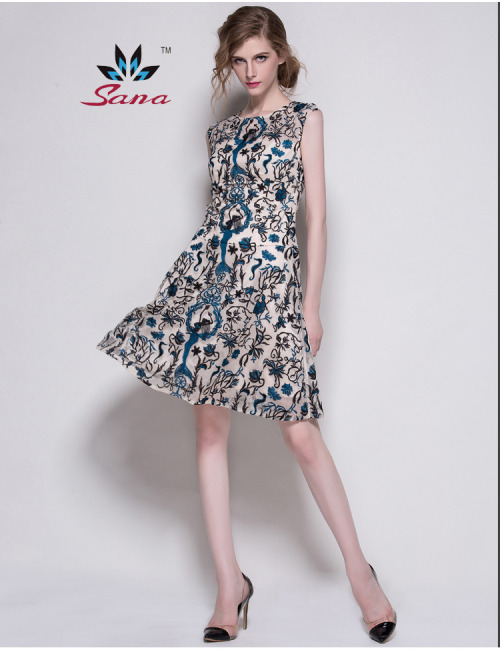 styliate:SANA International brand 2015 New Fashion Embroidery Lace Sleeveless Women mesh Dress vesti