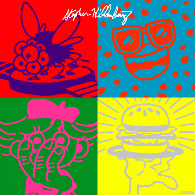 My tribute drawing for @/SBRehydrated(twitter) collab! Representation of Stephen Hillenburgs early works (from the top left: Wormholes, The Intertidal Zone, Green Beret, SpongeBoy). Color based on Queens Hot Space album cover. #spongebob#wormholes #the intertidal zone #green beret#spongeboy