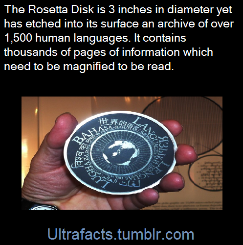 giraffe–attack:polyglotweekly:ultrafacts:The Rosetta Disk fits in the palm of your hand, yet it cont