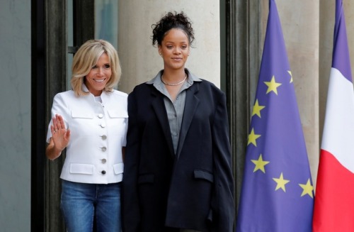 Rihanna welcomed by the First Lady of France Brigitte Trogneux as she arrives at Elysee Palace in Pa