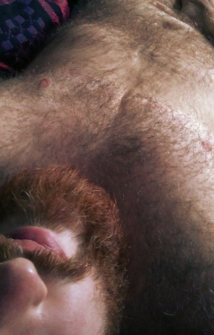 The hairy, ruddy bodyscape of trans model Ron Beastly.(Image appears to be a detail of a self-shot p