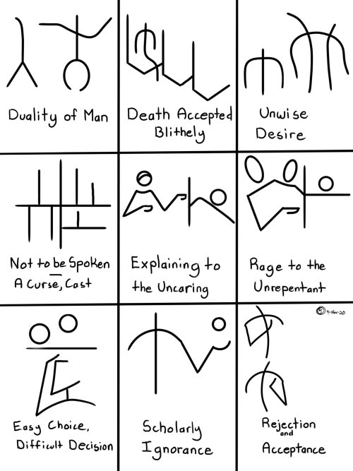 national-shitpost-registry:followthebluebell:  thereallieutenantcommanderdata:  “A collection of common glyphs of the poorly understood Memeorite civilization of the Second Silicon Age. Memeorite glyphs possess multiple conflicting interpretations and