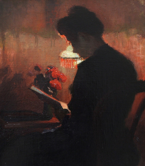 Lady Reading by Lamplight   -    Minerva J. Chapman,1895.American,1858-1947Oil on canvas ,17 x 15 in