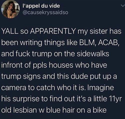 uncle-beanbag: association-of-free-people: 11 year old lesbian with blue hair. I’m sure he wa