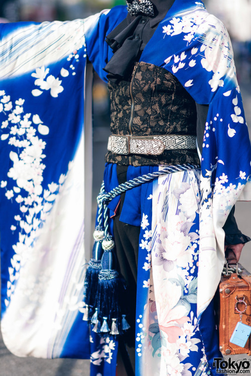 tokyo-fashion: Karumu on the street in Harajuku wearing a vintage Japanese kimono with a ruffle top,