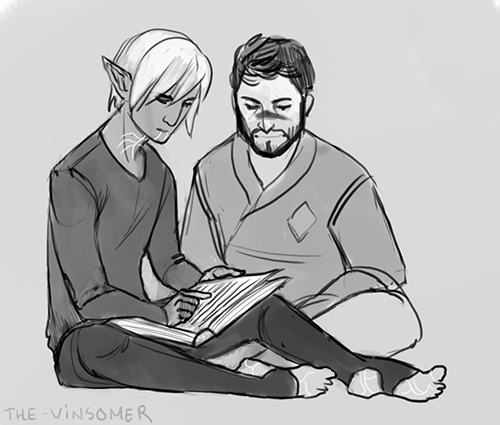 the-vinsomer:Hawke teaching Fenris to read<3