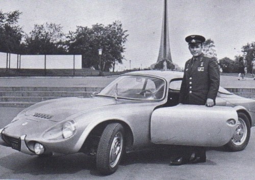 Yuri Gagarin poses with a Matra Djet in Moscow (1965).