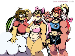 dan-heron: Wendy, Lakitu and Pom Pom human version, colors for this old piece.  Back then, I remembered Wendy was the boss of world 3, the water level, so she got a swimsuit. Can’t remember what I was thinking for the other two  cootie koopas &lt;3