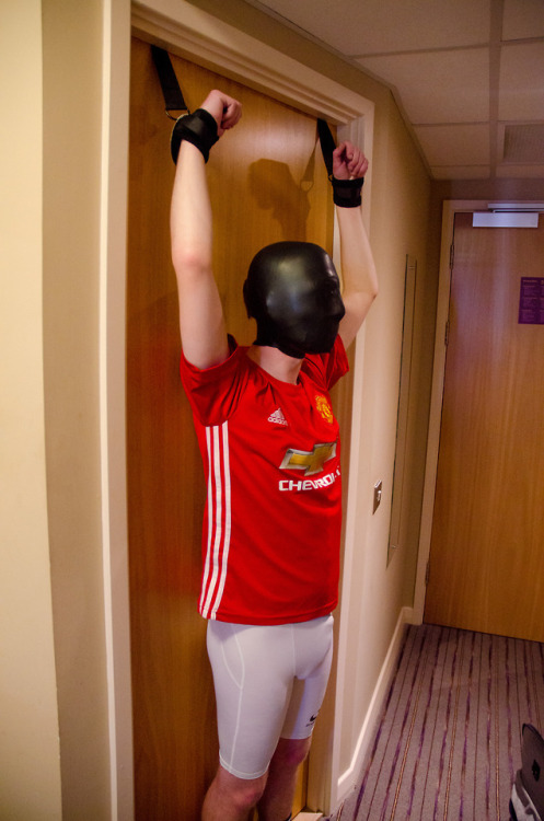 ropedandtapedup: Some breath control torment with a swim cap whilst strapped to a door, and me starting to lose air