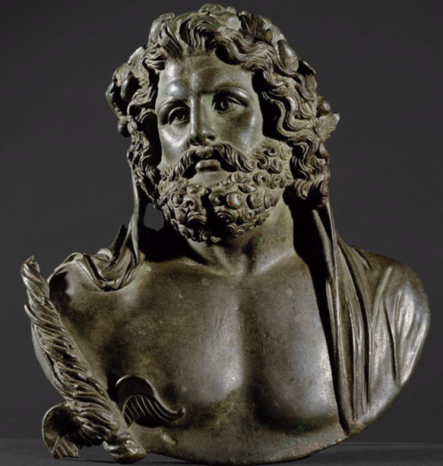 ancientbeardart:Bust of JupiterImperial Roman1st-2nd c. CE“The hair strikes above the furrowed foreh