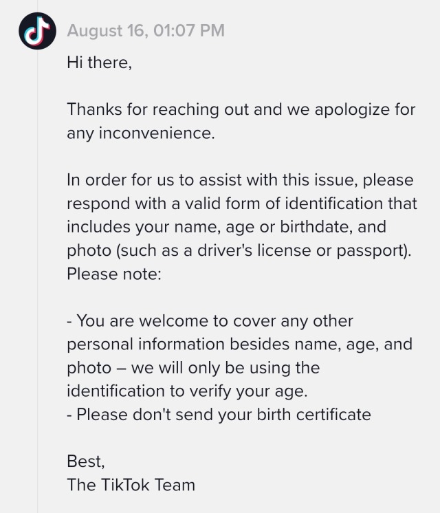 melyzard:vomitdistrict:midiport:midiport:tiktok age-protects cock jokes unless u send ur drivers license/passport to prove ur over 21. kill everyone nowthis is what their support sent me. doesnt help every social media is copying tiktok atm the future
