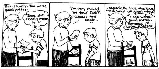 3 panel comic. First panel shows parent telling child poem is lovely and child doubting. Second and third panels show specific positivity.