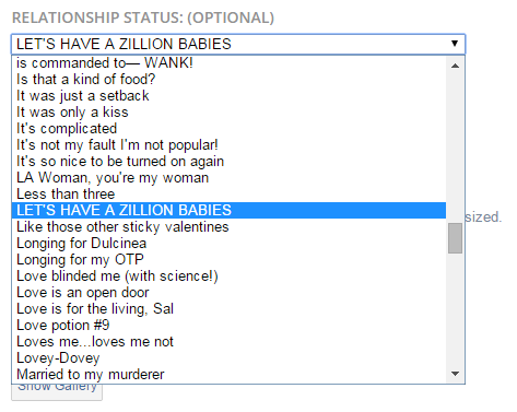 dumbass-bitch-disease:  imascoldasiceascoldasicecanbe: fano-tastic:  marshmellowtea:  high-metafive:  so i made and account on tv tropes and it asked for my relationship status i went over and was about to put in “single” or “it’s complicated”