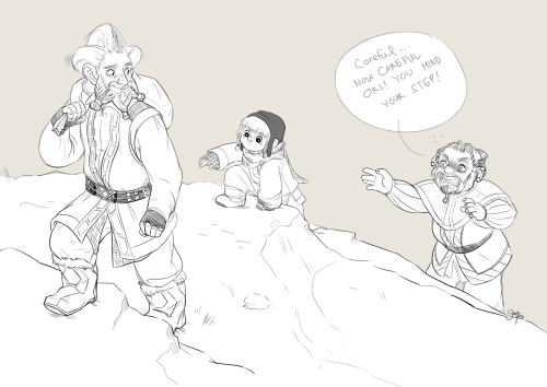 papermachette:Baby Ori following Nori, and Dori being a worried mother-hen. I love all the dwarves i