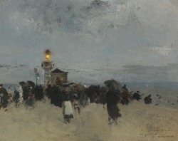 blastedheath:  Luigi Loir (French, 1845-1916), Figures near a Lighthouse. Oil on canvas, 31.2 x 39.4 cm. 