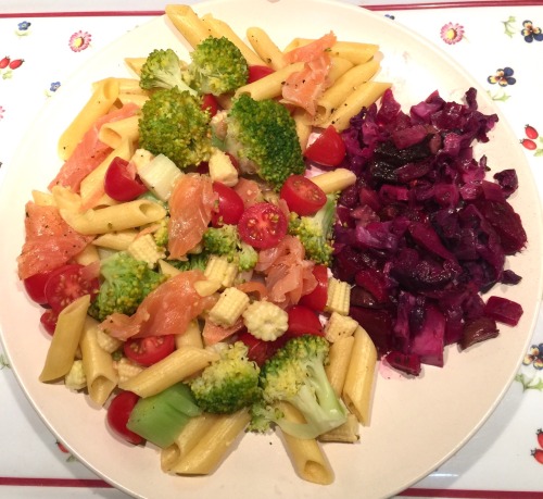 thefoodarchivist:Hers; gluten free penne with smoked salmon and vegetables